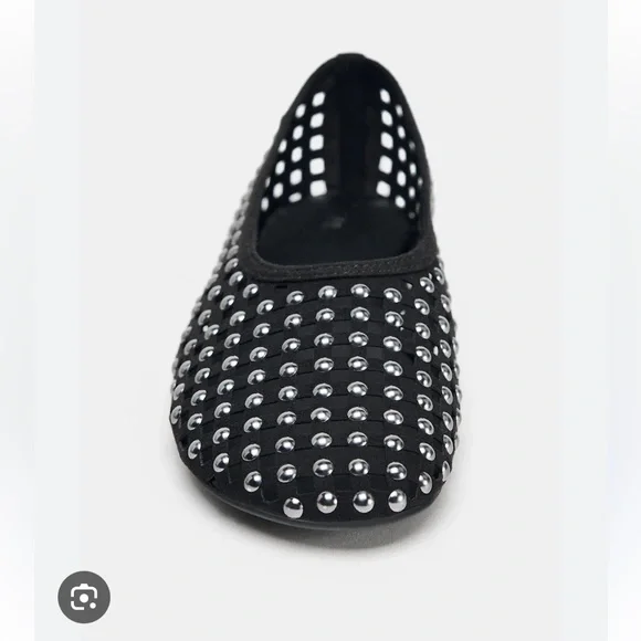 Zara Black Studded Mesh Mary Jane Ballet Flat Shoes Womens Size 37 - Picture 1 of 6
